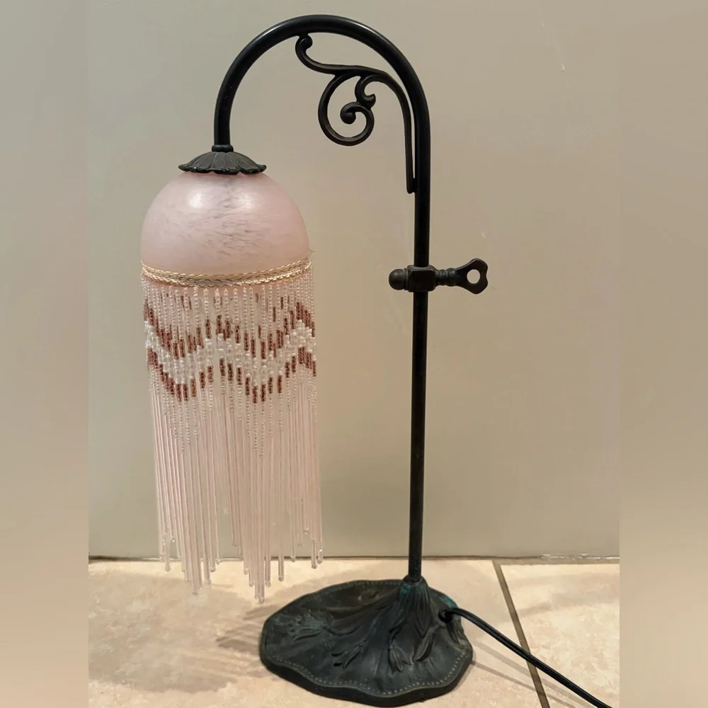 Vintage Victorian Style Beaded Glass Boudoir Table Light Lamp, Metal Leaf Base